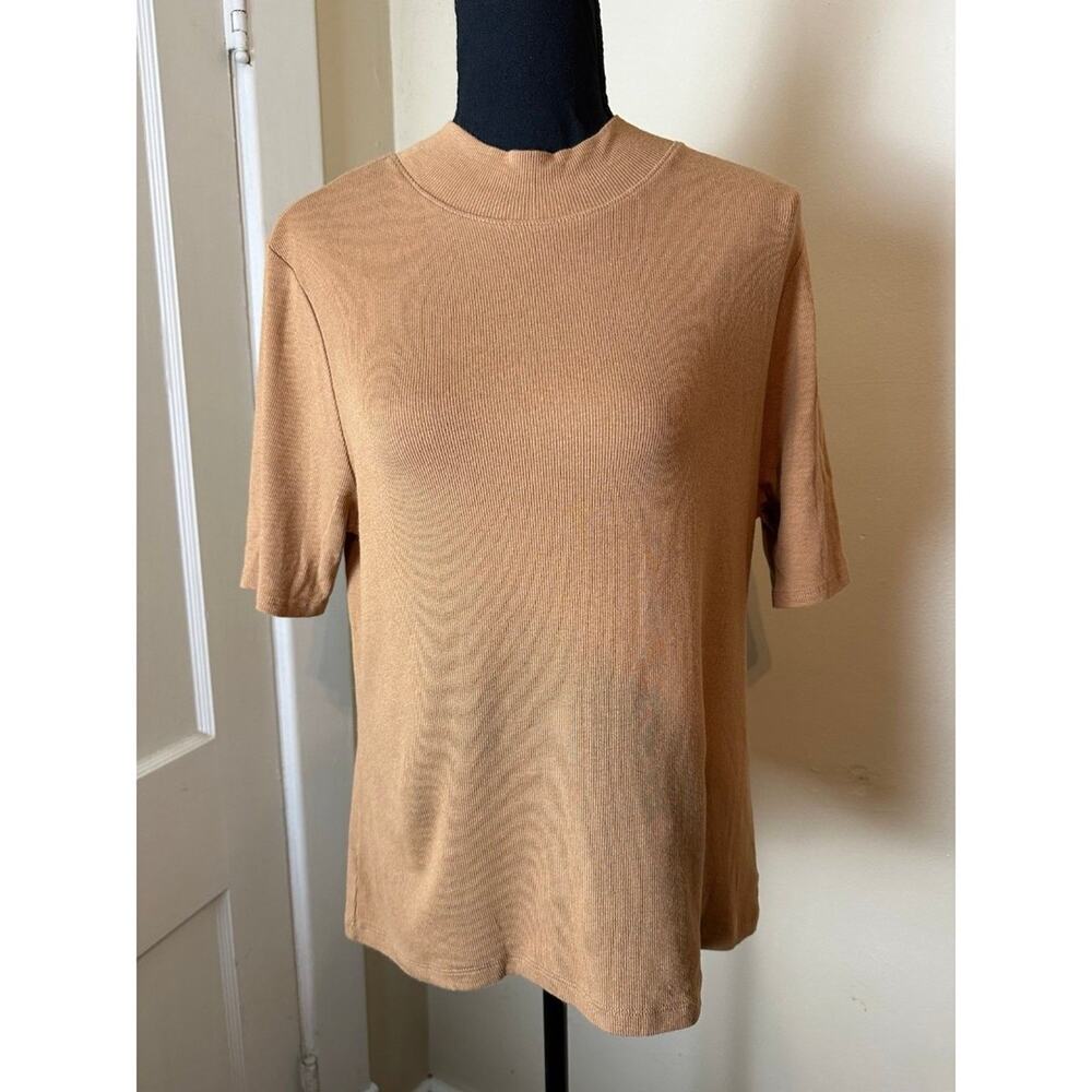 Joie Tan Short Sleeve Top Womens XL Ribbed Mock Neck Pima Cotton